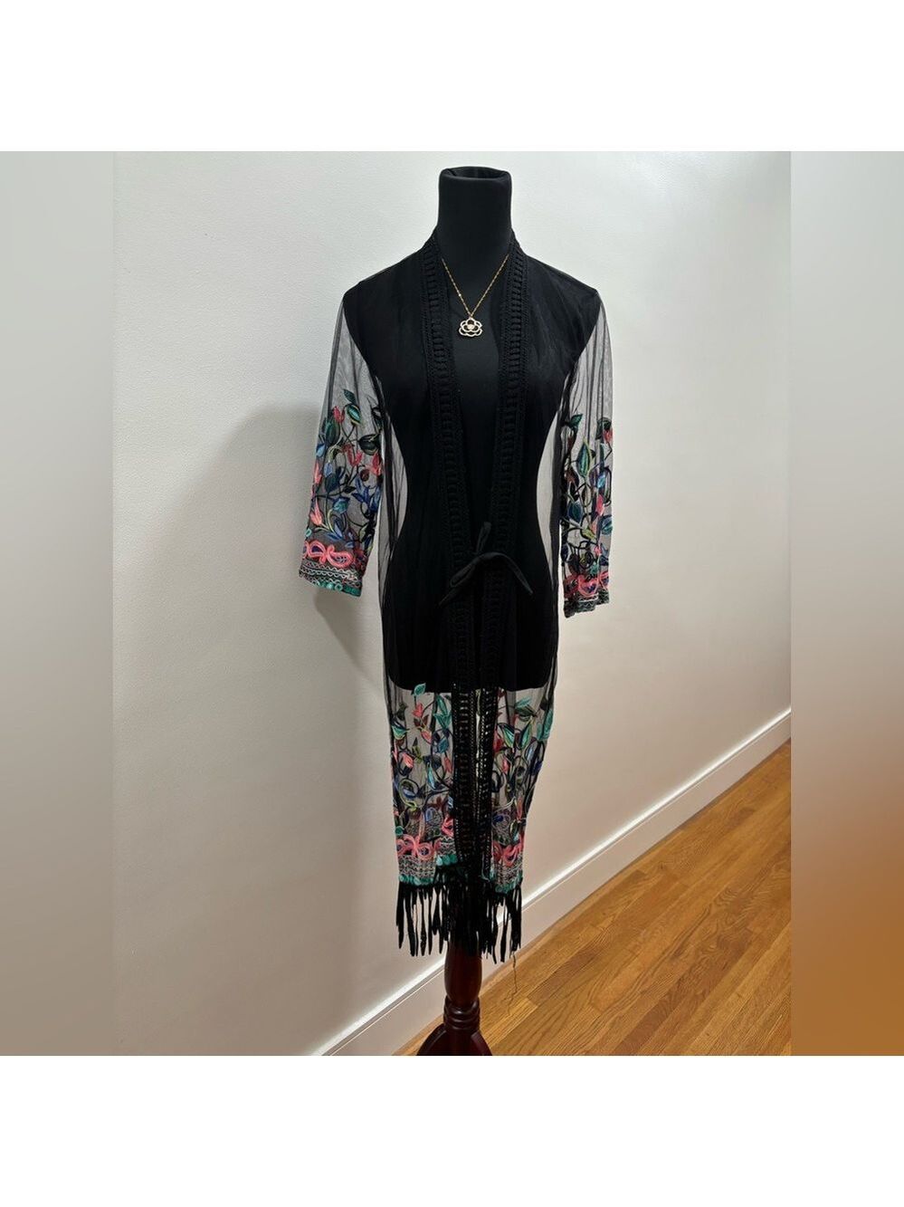 476. Somya Black Sheer Embroidered Duster with Fringe